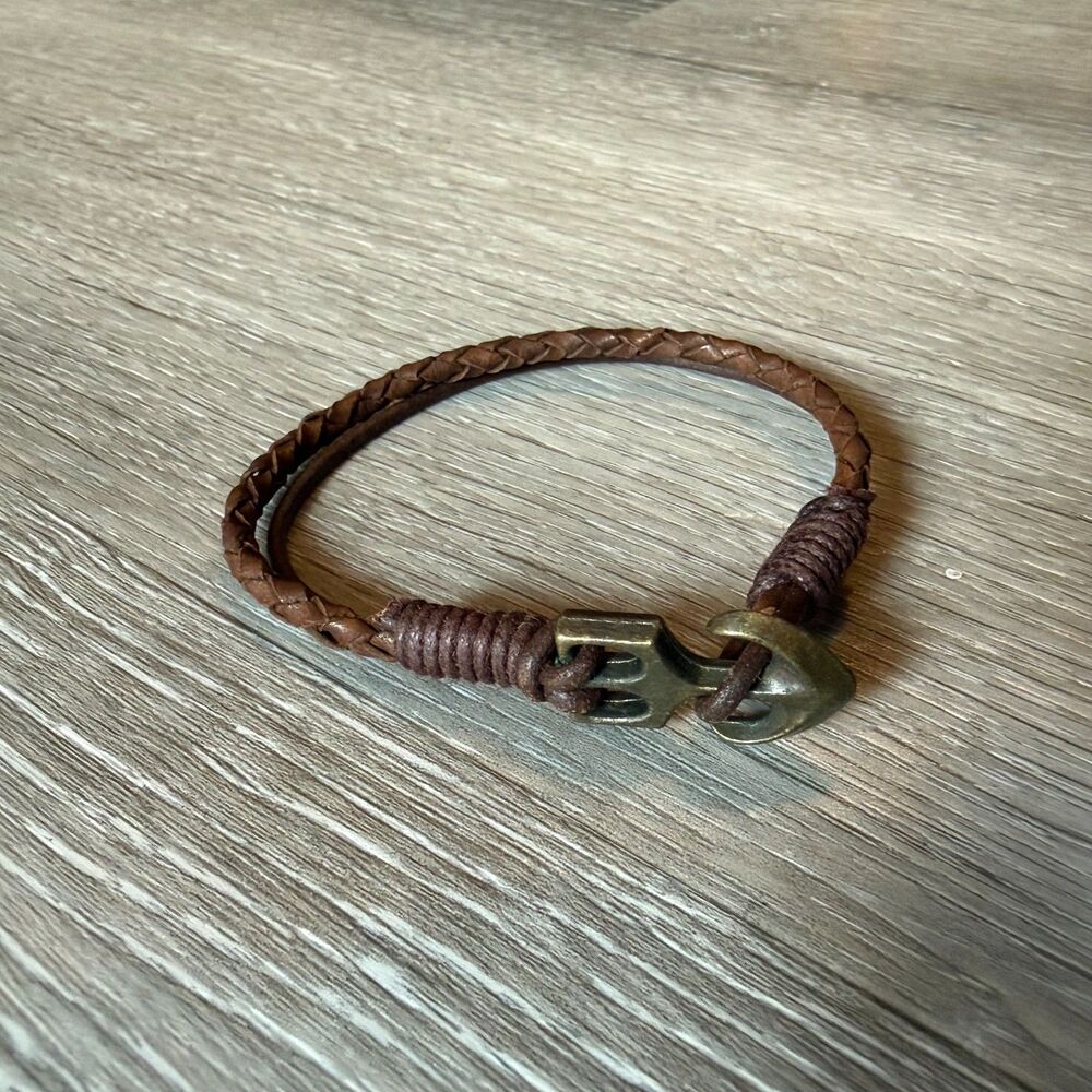 Mens Braided Leather Anchor Bracelet Nautical Bronze Hook Clasp Wrap Wristband